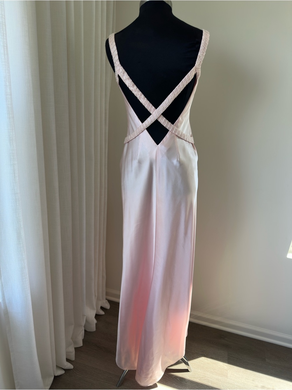Silk Backless Nightgown with Crisscross Straps - Blush Pink